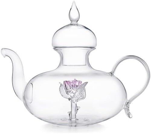 Teabloom Earthly Rose - Teiera in vetro soffiato a mano con bocciolo di rosa rosa tridimensionale - elegante teiera da 1180 ml in lussuosa confezione regalo magnetica