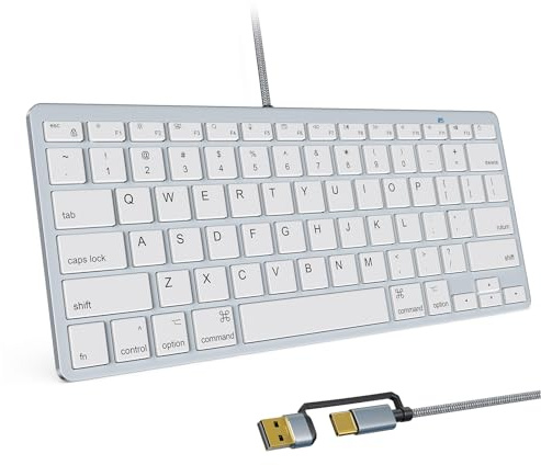 SSS·GRGB 78-Key Wired Keyboard for macOS, USB-A/C, US QWERTY, Silvery White | 12 macOS shortcuts, low-noise scissor keys, 8° tilt, anti-slip feet and 140 cm braided cable for home, office and travel
