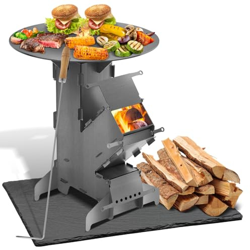 Eikuavons Raketenofen inkl. Grillplatte und Feuerhaken Rocket Stove Stecksystem aus massivem 3 mm dickem Stahl Campingkocher mit 2 zusätzlichen Standfüßen Kanonenofen BBQ Rakete Holzofen