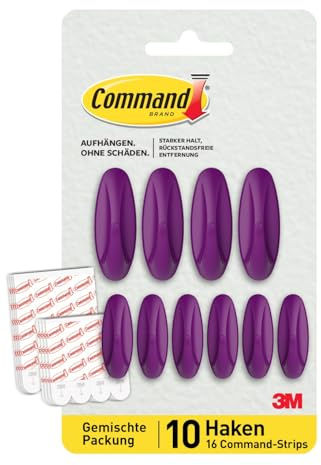 Command Designer självhäftande krokar, kanderad plommon färg – 10 väggkrokar (4 stora, 6 medium) och 16 självhäftande remsor för inomhus (8 stora, 8 medium) – skadefri hängning, dekoration och