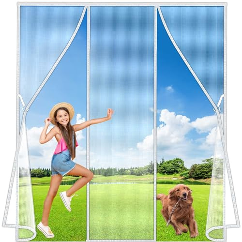 Luxvix Magnetic Fly Screens Double Door, 315x200 cm Heavy Duty Door Screen, Anti Mosquito Mesh Fly Curtain with Powerful Magnets Full Frame Magic Tape, Keep Bugs Out Lets Fresh Air in LF2C1 White