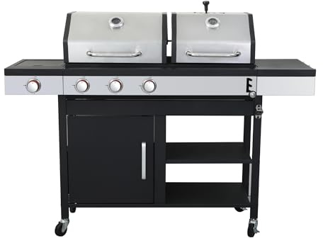 Woodland Grill BBQ - Dual Fuel BBQ, 3 Burner + 1 Side Burner, Storage Cabinet & Shelves, Tool Hooks, Integrated Thermometers, Two Warming Racks, Perfect For Summer Gatherings - WG1103SB