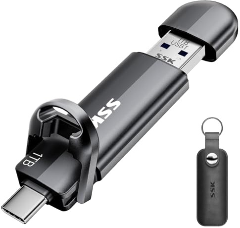 SSK - Unidad USB C de 1 tb, unidad flash dual que acelera tp 550 MB/s, memoria 2 en 1, tipo C+USB A 3.2 Gen2, unidad SSD externa portátil de estado sólido para iPhone 15/16/PS4/Android teléfono/tablet