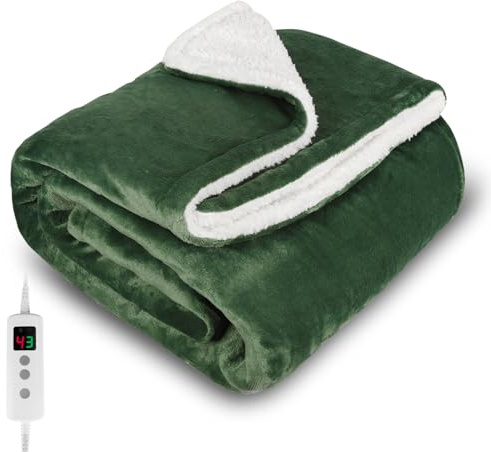 PROALLER Heated Blanket, Electric heated throw 160x130CM Green, 10 Levels &1-9H Timer Auto-Off, Machine Washable, Soft Flannel Sherpa and Full Body Warming, Sofa Bed Office Use, warm blanket, electric