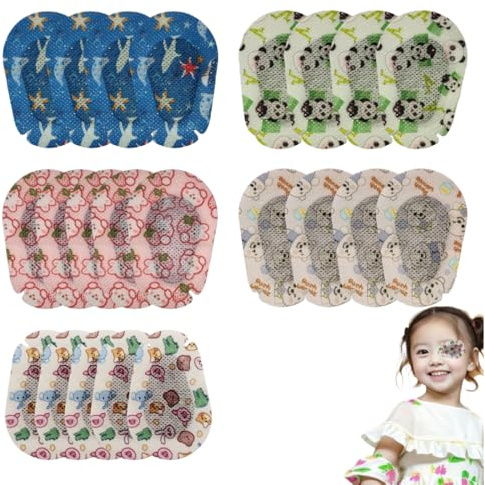 WeddHuis 20 Pezzi Cerotti Oculari Monouso Traspiranti Adesivi per Occhi con Design Cartoon Bloccanti Luce Benda per Occhi Carina e Divertente per Bambini Ragazzi Adulti Ambliopia