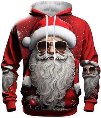 Weihnachtspullover Herren Hoodie Pullover Reindeer Weihnachtsmann 3D Druck Lustige Funky Weihnachtspulli Unisex Christmas Kapuzenpullover mit Fleece Weihnachtshoody Sweatshirt