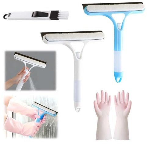 4 Pcs Window Cleaning Equipment, Window Cleaner Tool 2 Pcs 3 In 1 Window Squeegee With Spray, 1 Pair Washing Up Gloves and Crevice Cleaning Brush, Cleaning Supplies for Windows Walls