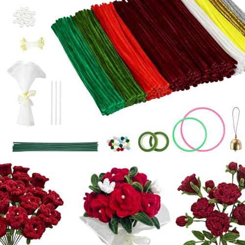 600 Stück Pfeifenreiniger Blumen Set, 8 Farben Pfeifenreiniger zum Basteln | Von Weihnachtsdekorationen, Rosen Pipe Cleaner, Geeignet als Geschenk für Valentinstag und Weihnachten