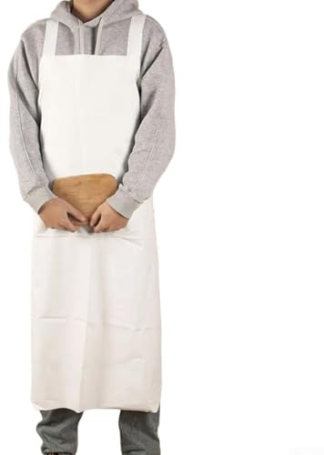 Grembiule in PVC impermeabile e a prova di olio per cucina, cucina, pulizia, giardinaggio, pesca, abbigliamento protettivo di grado industriale con collo regolabile (bianco)