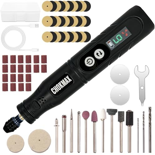CHOKMAX Outil rotatif sans fil, kit de meuleuse à écran d'affichage à 6 vitesses avec pince universelle et éclairage LED avant, 68 accessoires, outil artistique pour graver, poncer, polir, percer, meu