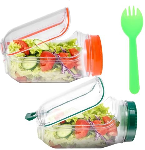 Reusable Plastic Layering Salad Pod with Side Opening Leak Proof Container Detachable Lid Dishwasher Safe for Wet Dry Separation Lunch Meal Prep Office Picnic Camping Home Kitchen (orange+green+fork)