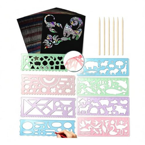 DiiWmme Scratch Kratzbilder Set, 32K verdickt, 50 farbige Rückseiten, inklusive 8 Musterkarten und 6 Bambusspießen, ein perfektes Geburtstagsgeschenk für Kinder ab 3 Jahren.