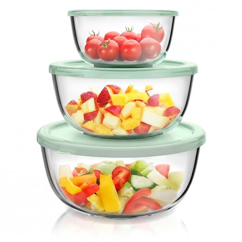 Arendo - Rührschüsseln aus Glas mit Deckel - Glasschüssel 3er Set - 1100ml + 2700ml + 4400ml – Rührschüsseln klein bis groß – Borosilikatglas - Salatschüssel Glasschale Salatglasschale