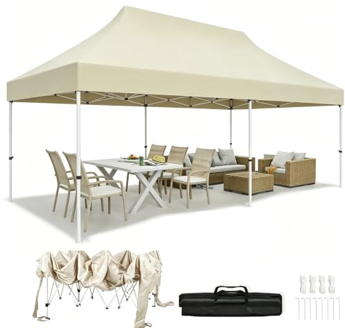 Fijinhom Pavillon 3x6 Wasserdicht Stabil Winterfest, Faltpavillon 3x3 Höhenverstellbar, Pop Up Pavillon UV Schutz 50+,Partyzelt Gartenpavillon Für Outdoor, Beige