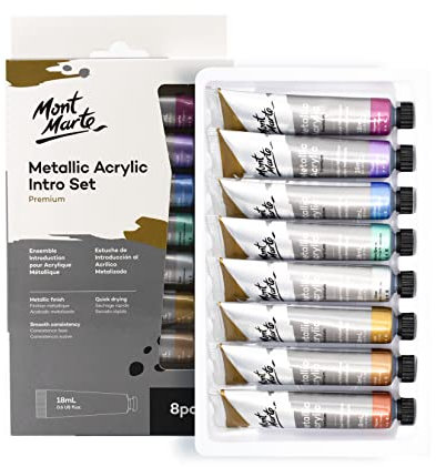 Mont Marte Acrylfarben Metallic Set – 8 Stück, 18 ml Tuben – Ideal für Acrylmalerei – Brillante Lichtechte Farben mit großer Deckkraft
