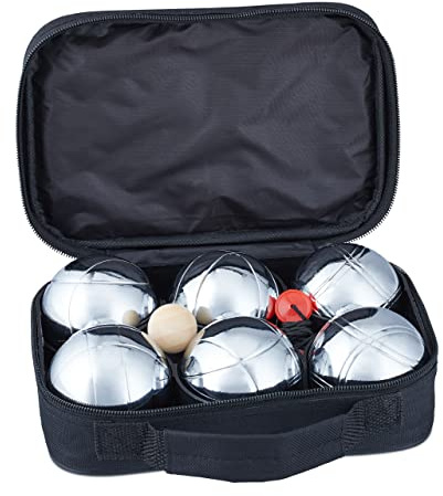 Relaxdays Set da 6 Bocce, Sfere in Metallo, Boccino & Misuratore di Distanza, con Custodia da Trasporto, Argento Nero