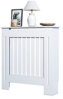 SONNI Heizkörperverkleidung, Klein, Modern, Vertikal Lamelle, Weiß, Lackiert, Schrank Heizkörper Abdeckung für Wohnzimmer, Schlafzimmer, Küche, 78x19x81.5cm, GRCV78W.