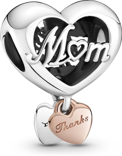 PANDORA - Charm bicolori con scritta Mom, placcati in oro rosa 14k