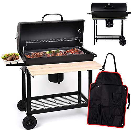 GrillMaster BigBend GM2020 barile rotondo + grembiule, griglia da giardino, carbone con coperchio, con ruote, apertura per la circolazione dell'aria, ripiani aggiuntivi