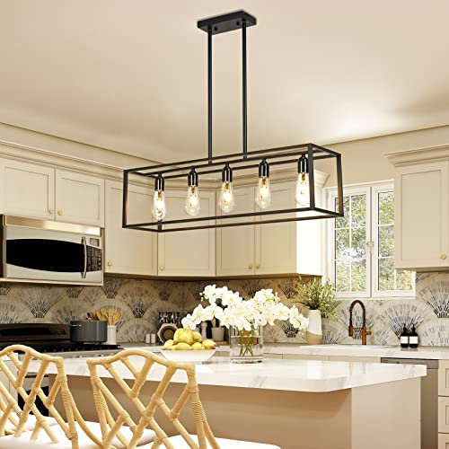 LUVODI 5- Light Ceiling Chandelier Light: Industrial Pendant Lighting Fixtures Black Frame Hanging Lights for Farmhouse Dining Room Kitchen Island Foyer Living Room Pool Table Light
