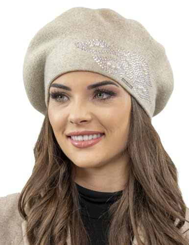 VIVISENCE Baskenmütze Für Damen Winter Herbst Warme Barette Mit Glänzender Zirkonia-Applikation Frauen Elegante Klassischem Stil Perfekte Für Herbst Und Wintertage Modell 7051
