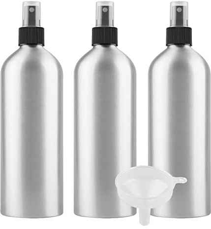 PQPAUTY 3 Stück Tragbar 500ml Leere Aluminium Sprühflasche mit Schwarz Sprühkopf, 500 ml Feinen Nebel Pumpzerstäuber Aluminium-Flasche Zerstäuberflasche Reise Flasche, 1x Trichter
