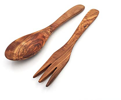 medina mood Lot de 2 couverts à salade Paris Longueur au choix, cuillères à salade, en bois d'olivier fait à la main (petit : 25 cm)