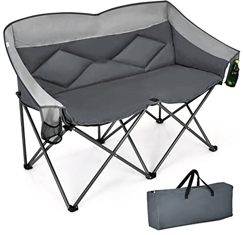 COSTWAY Campingstuhl für 2 Personen, Klappstuhl mit gepolstertem Sitz, Rückenlehne & Armlehnen, Getränkehalter, 226 kg Tragfähigkeit, klappbarer Angelstuhl Faltstuhl für Camping Picknick Angeln