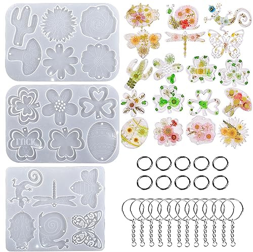 Attuslla 3 Stück Schmuck Epoxidharz Silikonform Resin Form für Ohrringe Schmuck Anhänger Harzform mit Schlüsselanhänger, Springringe für Anhänger, Schlüsselanhänger Charm