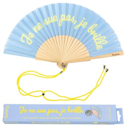 Fisura - Éventail original avec message en français je ne sue pas. Éventail amusant en bois. Éventail pliant bleu et jaune. Phosphorescent. 42,5 x 23 cm.