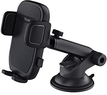 Trust Runo Autotelefonhalter, Befestigung an der Windschutzscheibe, Sicherem Sitz, Freigabetaste, Gummierte Rückenklemme, Drehbare Halterung, iPhone, Samsung und Anderen 55–100 mm – Schwarz