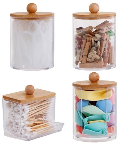 4 Pezzi Contenitore Cotton Fioc,Porta Cotton Fioc,Porta Cotton Fioc con Coperchio in Bambù, Dispenser per Batuffoli di Cotone per Camera da Letto, Bagno e Soggiorno