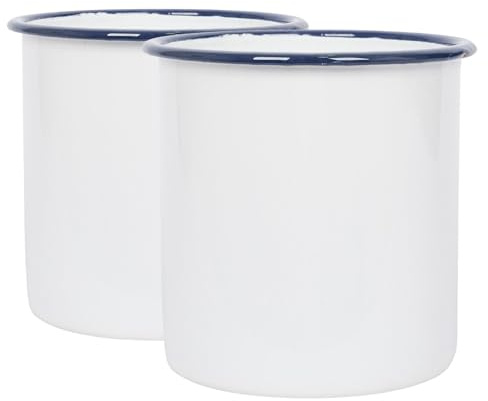 Argon Tableware Enamel Utensil Holders - 15.5cm - Pack of 2 - Blue Rim - White Stainless Steel Kitchen Cutlery Holder Utensils Spoon Storage Organiser Rack Caddy Stand