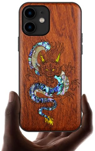 Carveit Étui pour iPhone 11 Coque [Gravure en Bois et Incrustation de Coquille] Cover Compatible avec Apple 11 Etui Bois Luxe et Case (Rosé-Le Dragon Oriental)