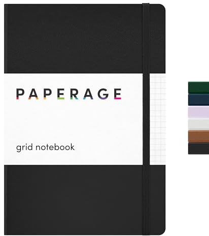 PAPERAGE Kariertes Notizbuch (schwarz), 160 Seiten, mittelgroß, 14,5 x 20,3 cm, 100 g/m² dickes Papier, Hardcover, Raster-Notizbuch und Tagebuch