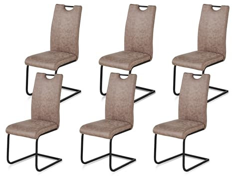 KHG Esszimmerstühle 2er Set, Schwingstuhl Kunstleder Hellbraun, Freischwinger Metall pulverbeschichtet, Küchenstuhl, Essstuhl, Polsterstuhl, für Esszimmer Küche Büro