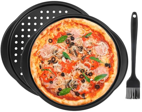 2 Pack Pizza Trays for Oven Non Stick, 14 Inch Carbon Steel Pizza Oven Tray with Handle and Silicone Brush for Brushing Oil, Round Perforated Non Stick Pizza Baking Tray Bakeware for Home, Restaurant