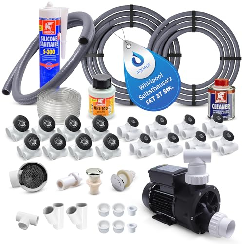 AQUADE 37-teiliges Set Whirlpоol Badewanne Selbstbausatz - Bausatz mit Whirlpoоl Pumpe 0,75 HS, Pneumatik Schlauch, 16x Whirlpoоl Düsen, Startknopf, Lüftregler, Kleber, Silikon, Schraubgriff und mehr
