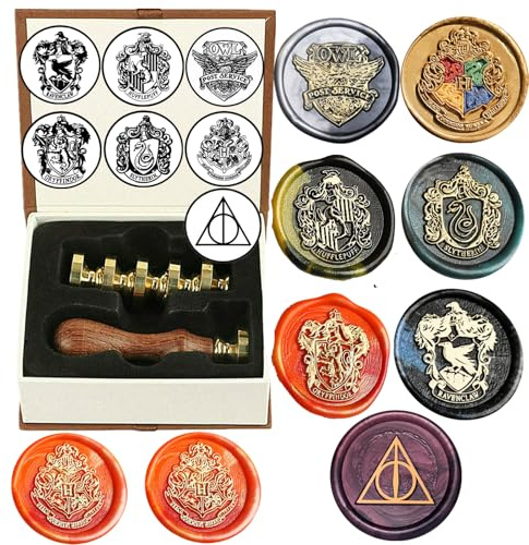 Hogwarts sigillstämpelset, 7 st Hogwarts magiska vaxsigillstämpelset och 1 st trähandtag, vintage vax sigill stämpelsats för kuvert, vykortsetikett bröllopsinbjudan (7A)