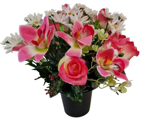 INERRA Cemetery Grave Flower Pot with Artificial Pink Orchid and Rosebud Mix