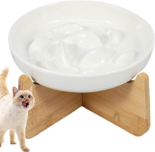 Anti Schling Napf Katze Keramik 16x3cm, Antischlingnapf Katze mit Holz Halterung Rutschfesten Füßen, Katzennapf Schützen Nacken, für Katzen Kleine Hunde (Weiß)
