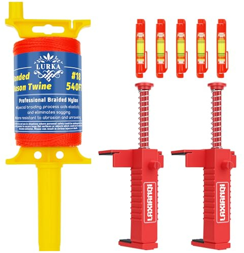 LURKA Mason Line String #18 with Pair of Brick Liner Runners & 5 Line Levels,540 Ft Braided Nylon Line, High-Visibility Orange Construction String for Bricklaying, DIY, and Outdoor Projects