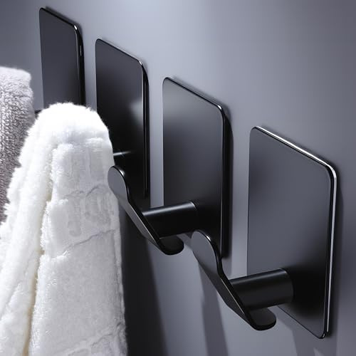 DELITON 4 Pack Adhesive Hooks - Towel Hook Matte Black Stainless Steel