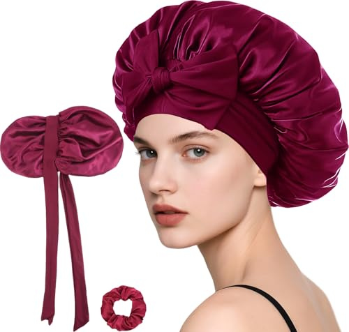 Loomify Satäng Sovmössa, Justerbar Sidenmössa för Hårvård, Dubbelsidig Satängbonnet med Scrunchie för Kvinnor (Röd)