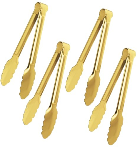4 Pack Gold Tongs for Serving Food, 9 Inch Serving Tongs, Gold Buffet Tong Stainless Steel Utensils, Metal Kitchen Tong for Salad, Steak, Appetizer, Small Food