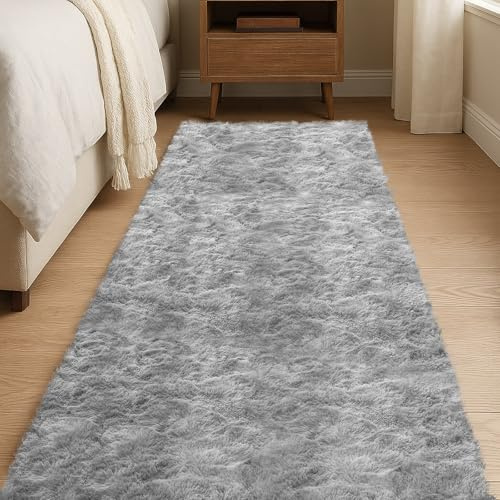 JOYARR Runner Rug Living Room, Light Grey Tie Dye Area Carpet Fluffy Washable Soft Shaggy Anti Slip Modern Decor Mat for Bedroom Hallway Entryway Beside, 60x180 cm