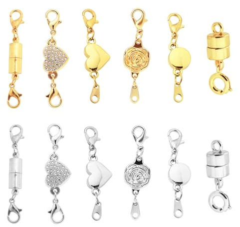 12stk Magnetverschlüsse für Halsketten, 6 Stile Starke Magnetische Schmuckverschlüsse & Schließen Schmuckverbinder für Armbänder und Fußkettchen (Silber, Gold)