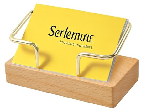 loghohu Visitenkartenhalter Holz,VisitenkartenstäNder aus Buchen Basis und Zwei Messingakzenten,Kreativer Visitenkarten Aufsteller TischkartenstäNder für Büro, Laden, Messestand, Schreibtisch