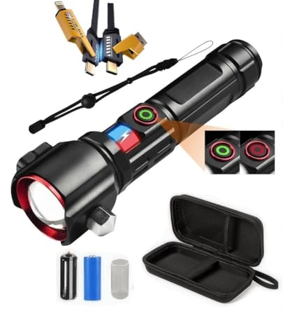 Homonic 10000 Lumen LED Taschenlampe fürs Auto, 5000 mAh, USB-C, IPX4 | Zoombarer Fokus, COB-Arbeitslicht, 5 Lichtmodi, Rettungshammer und Gurtschneider für Auto, Camping und Pannen