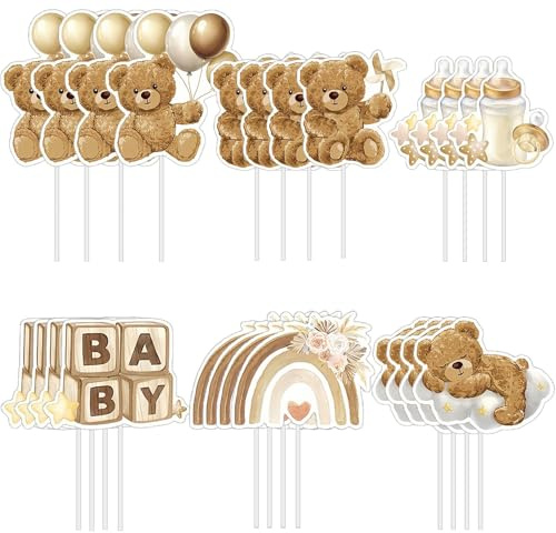 24PCS Baby Shower Cupcake Toppers, Baby Shower Cake Toppers, Gender Reveal Cupcake Topperset, Babys Cake Topper, Cute Brown Bear Cupcakes Decorations for Gender Reveal Birthday Party